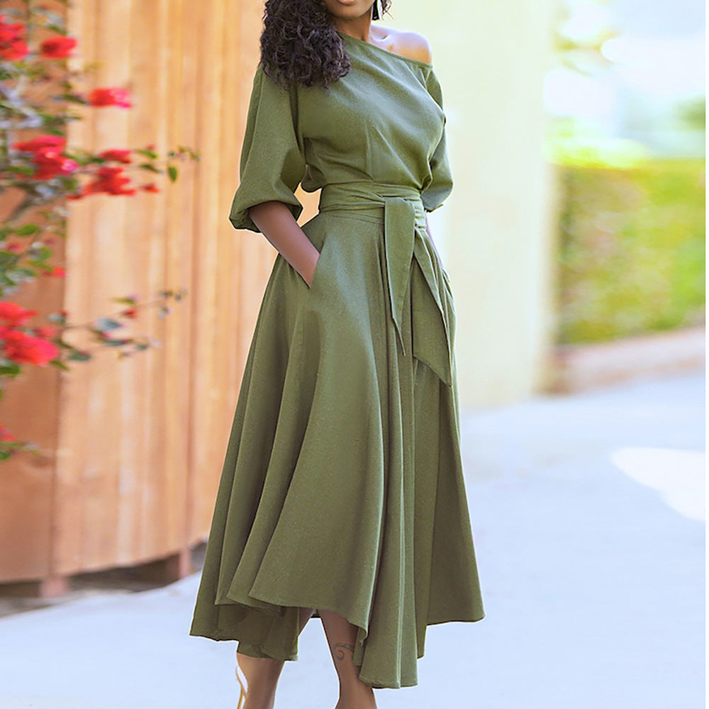 Elegant Fall Woman Long Sleeve High Waist Office Dresses –